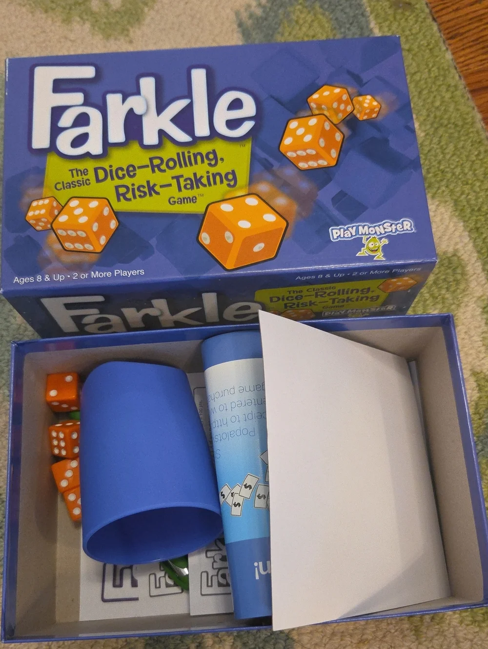 Farkle Dice-Rolling Risk-Taking Game - Blue Box with Orange Dice